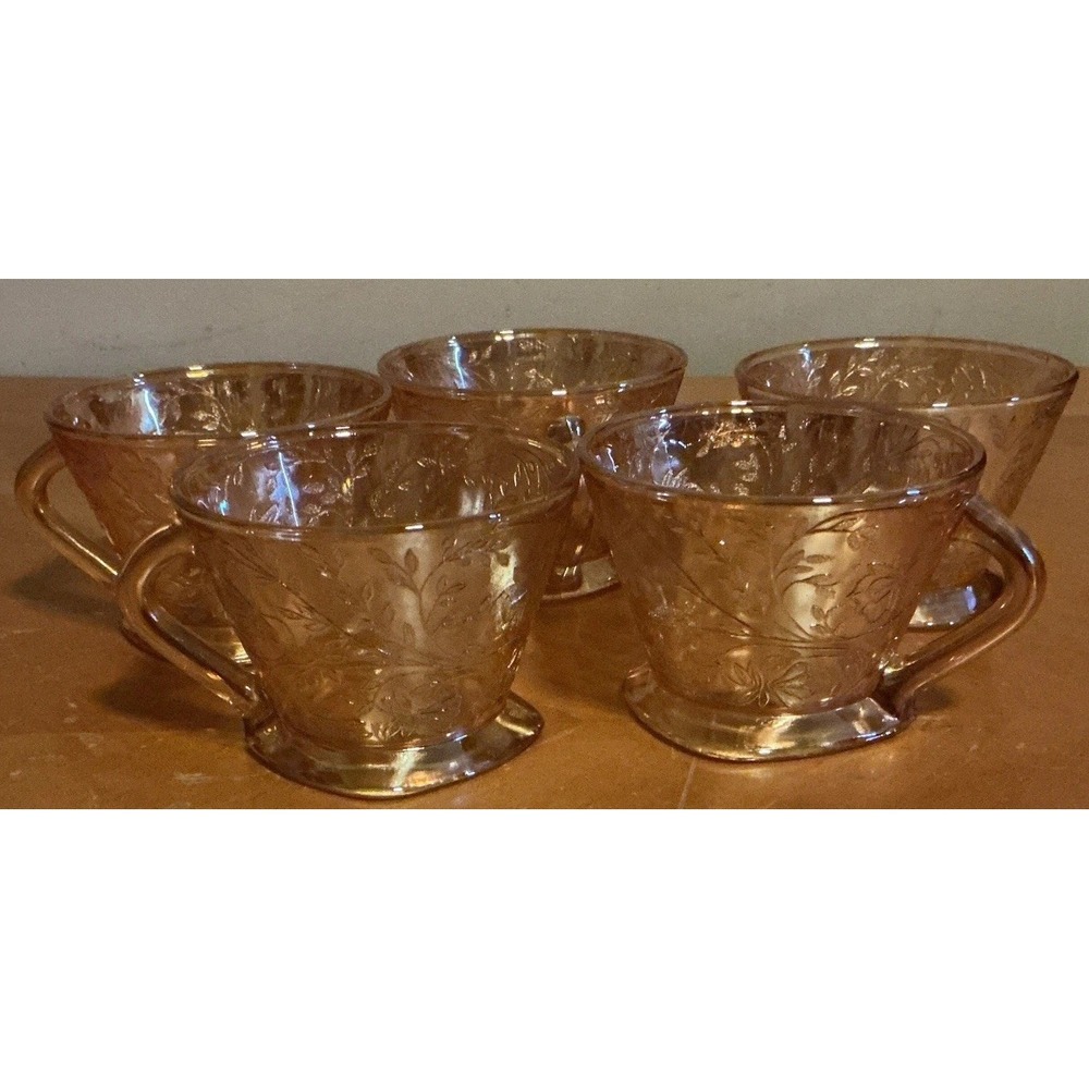 Vtg Set Of 5 Jeanette Glass Floragold‎ Louisa Depression Tea/Coffee Cups